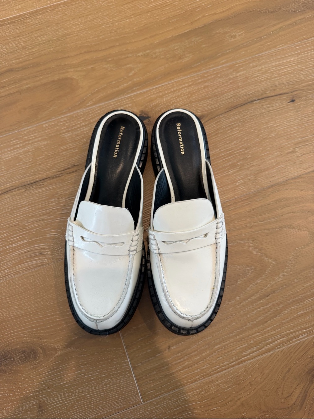 Reformation White Slip-On Penny Mule with Black Trim